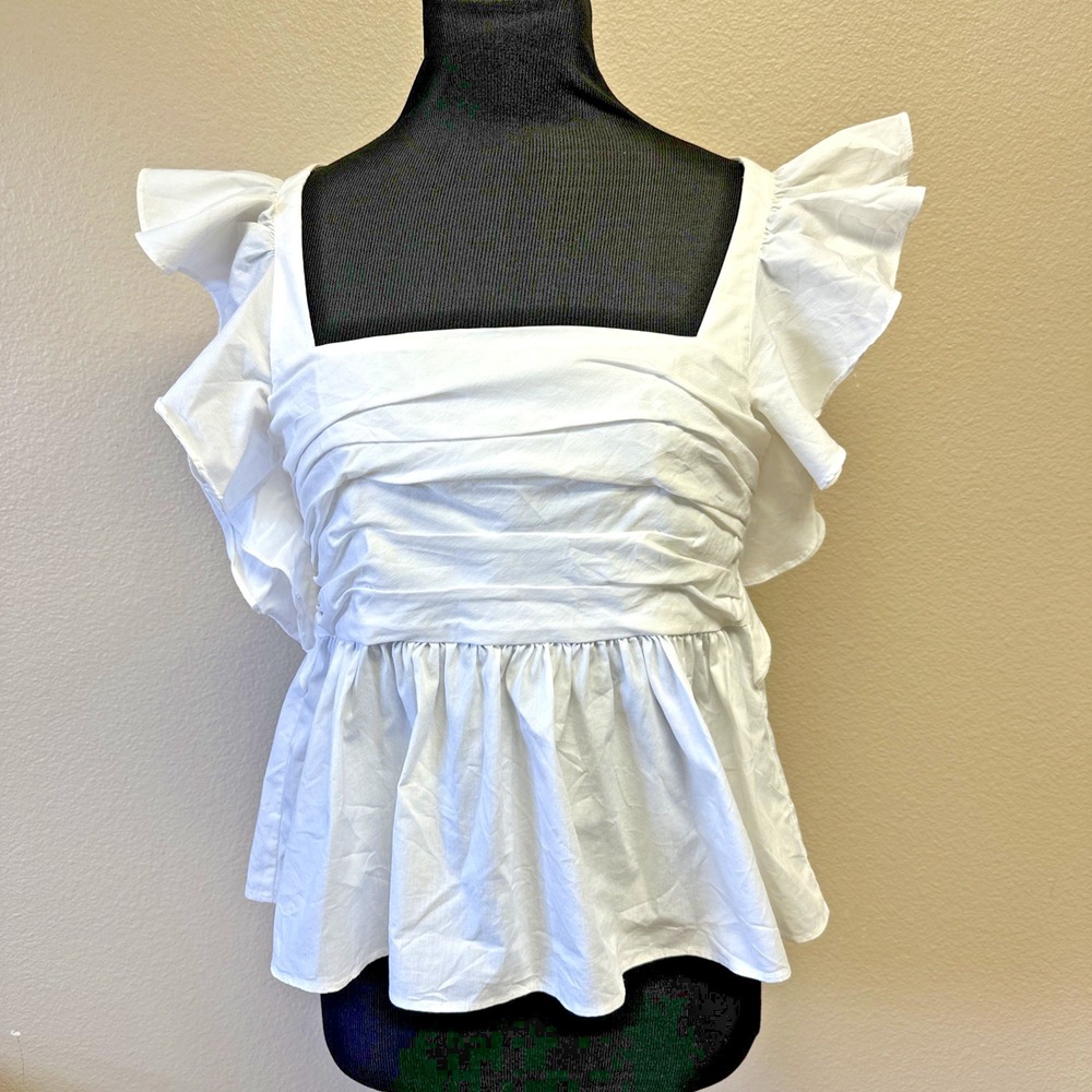 Cinq A Sept Audrie Flutter Sleeve Top White Small Feminine Zip Summer ‎ EUC